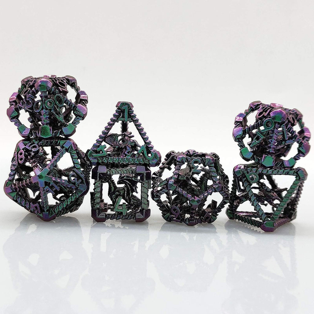 Prismatic Dragon Scale Hollow Metal DND Dice Set