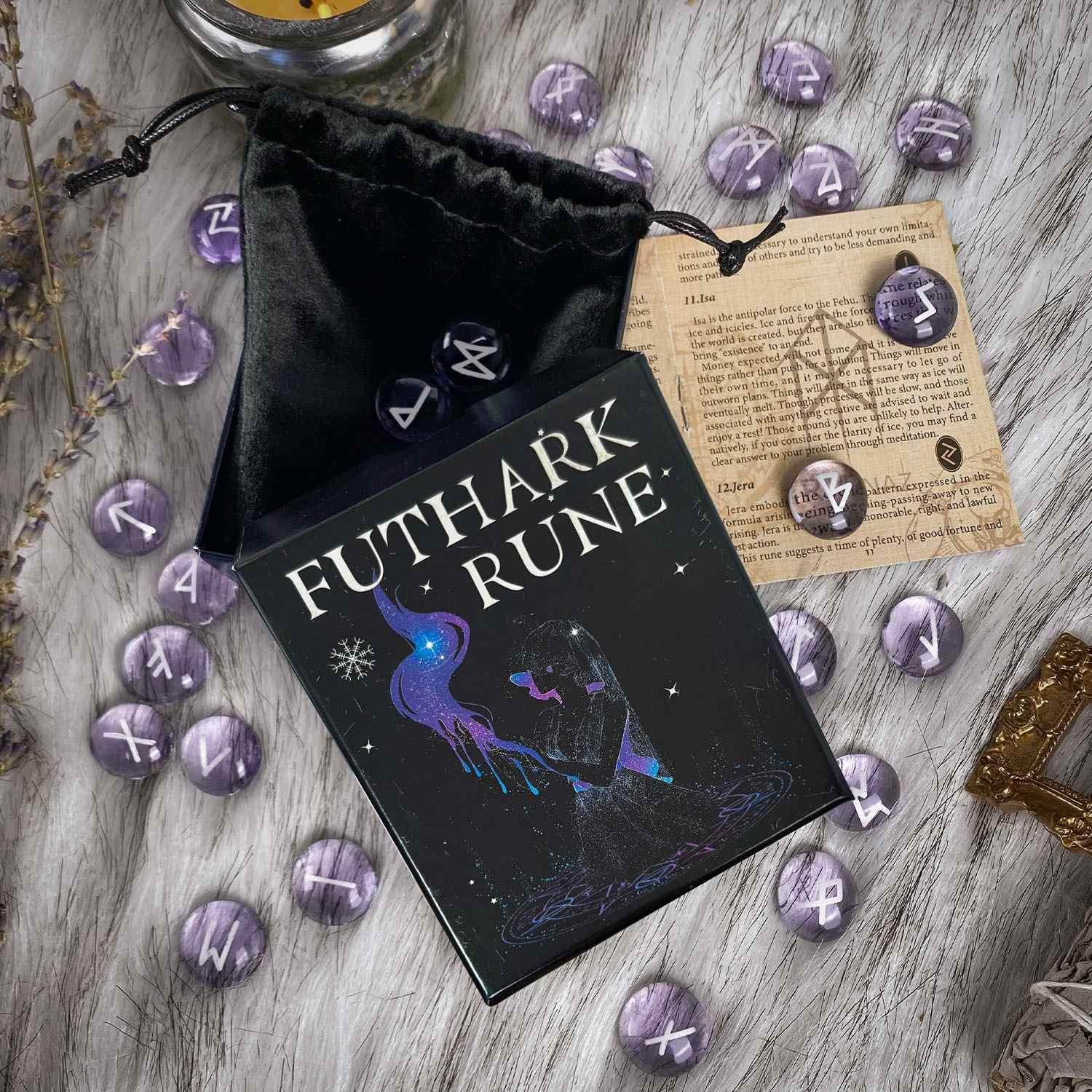 Futhark Rune set with purple Glaze Witch rune Stones on a wooden surface
