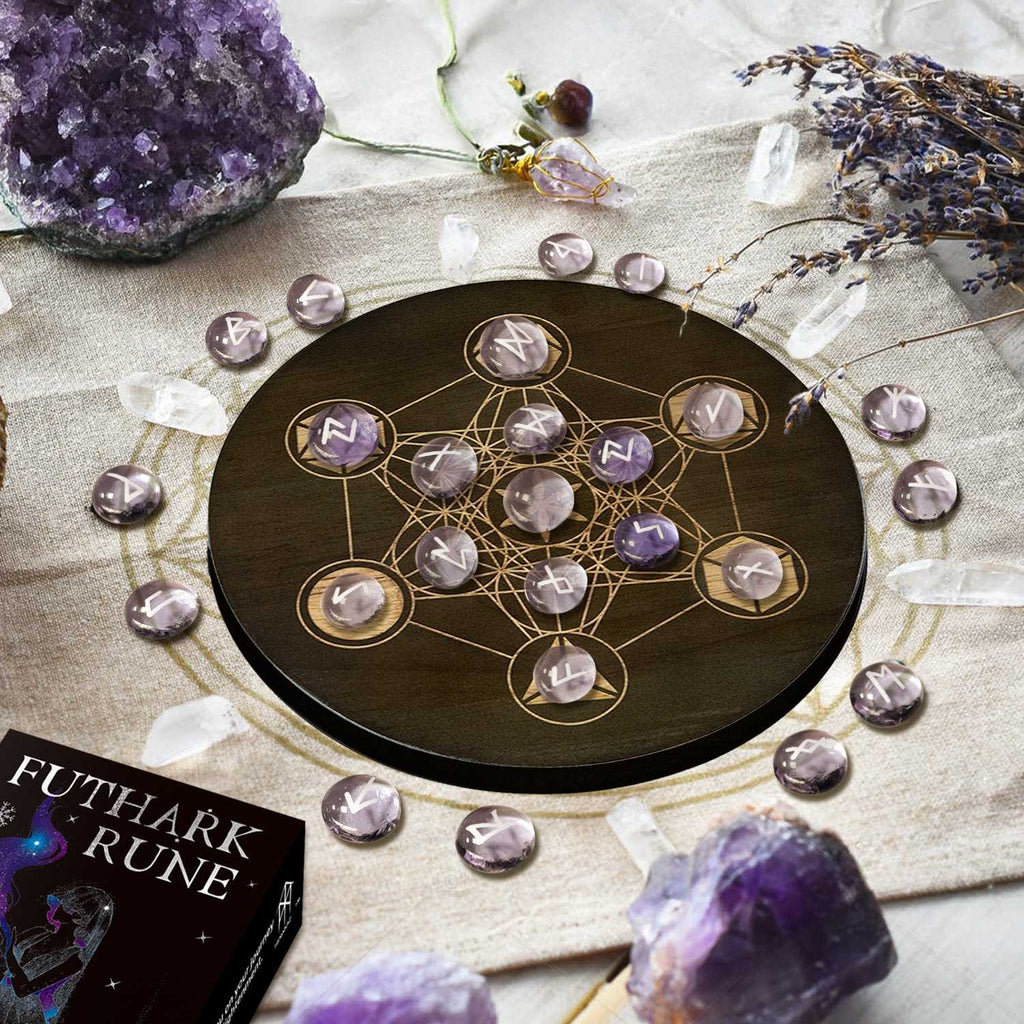 Metatron's Cube with purple Glaze Witch rune Stones and Futhark Rune book on a wooden surface