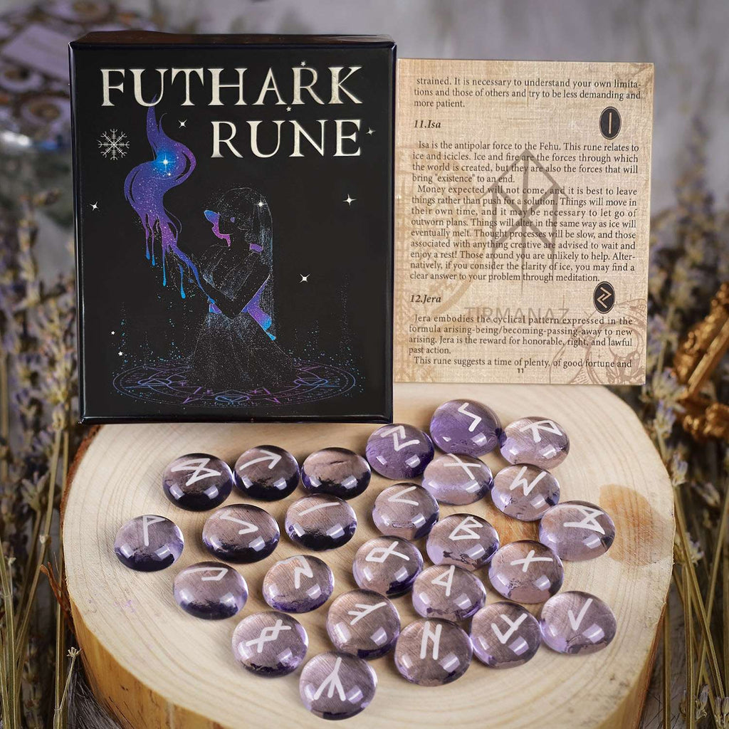 Futhark Rune set with purple Glaze Witch rune Stone on a wooden surface and packaging in the background.
