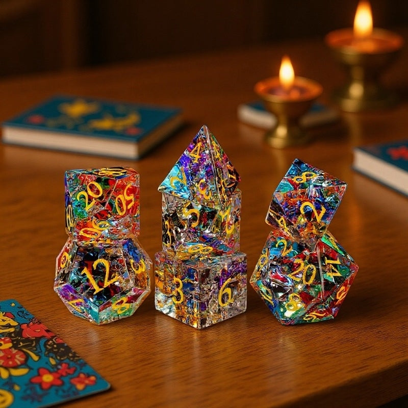 Rainbow Mirror Crack Glass DND Dice Set | Handmade K9 Crystal