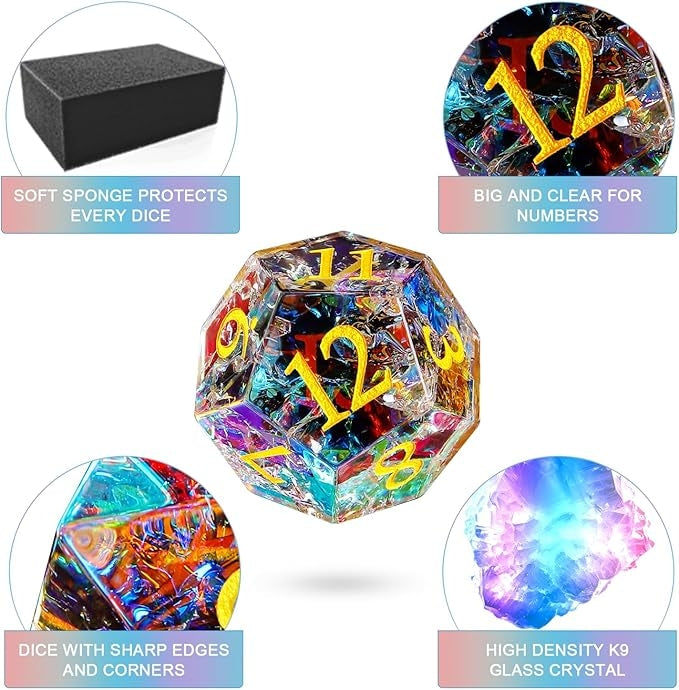 Rainbow Mirror Crack Glass DND Dice Set | Handmade K9 Crystal