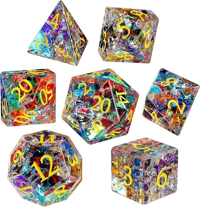 Rainbow Mirror Crack Glass DND Dice Set | Handmade K9 Crystal