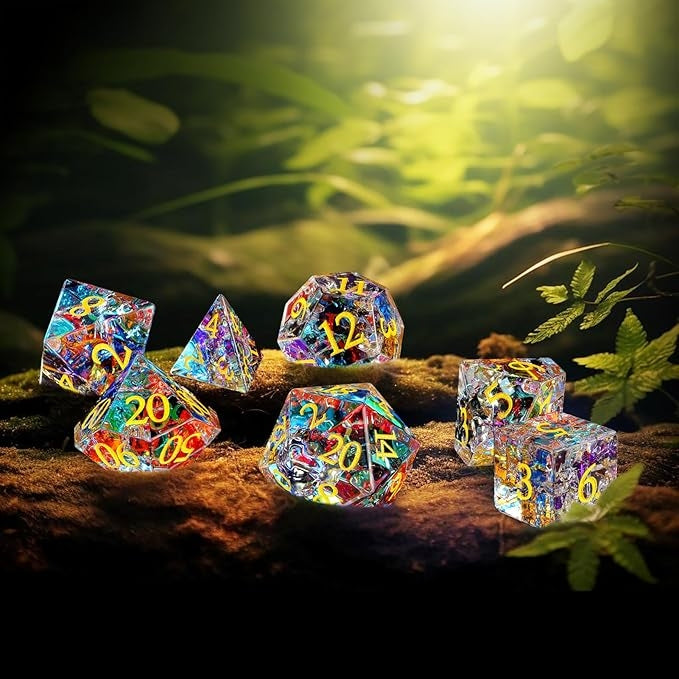 Rainbow Mirror Crack Glass DND Dice Set | Handmade K9 Crystal