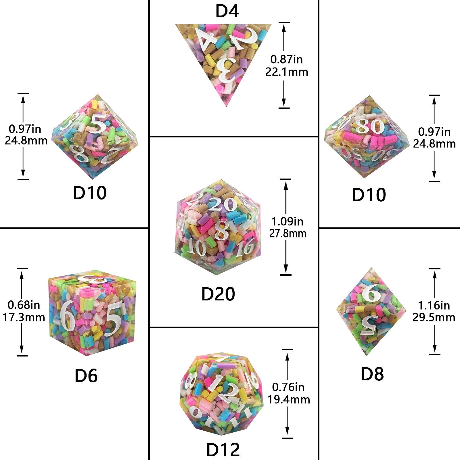 Set of colorful polyhedral dice with measurements on a white background