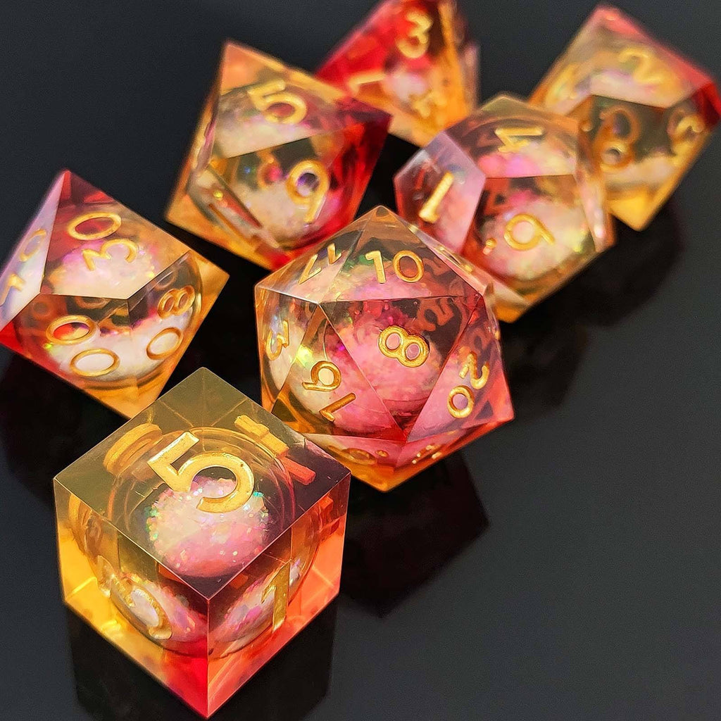 Solar Flare: 7-Piece Red Orange Liquid Core DND Dice Set with Gold Foil