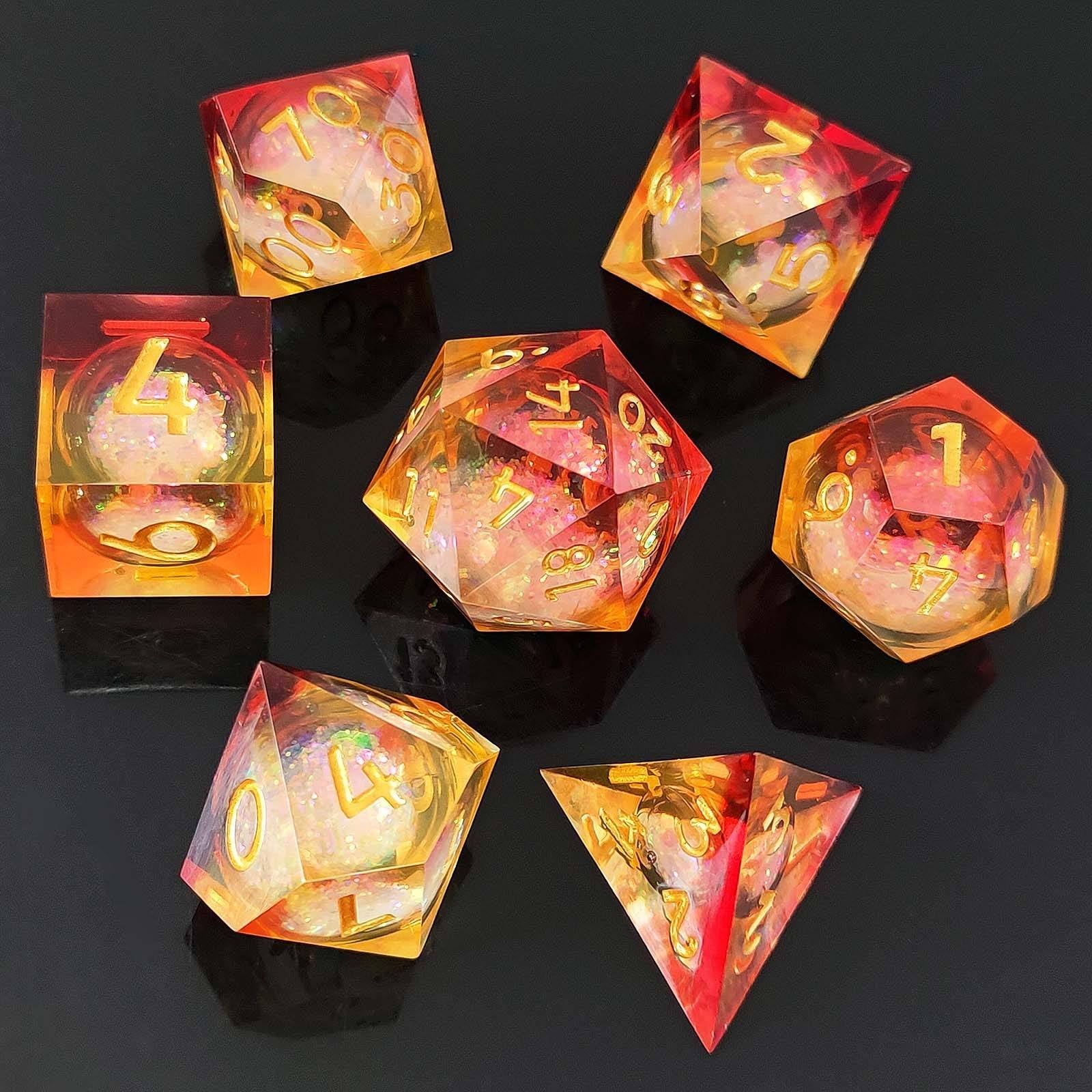 Solar Flare: 7-Piece Red Orange Liquid Core DND Dice Set with Gold Foil