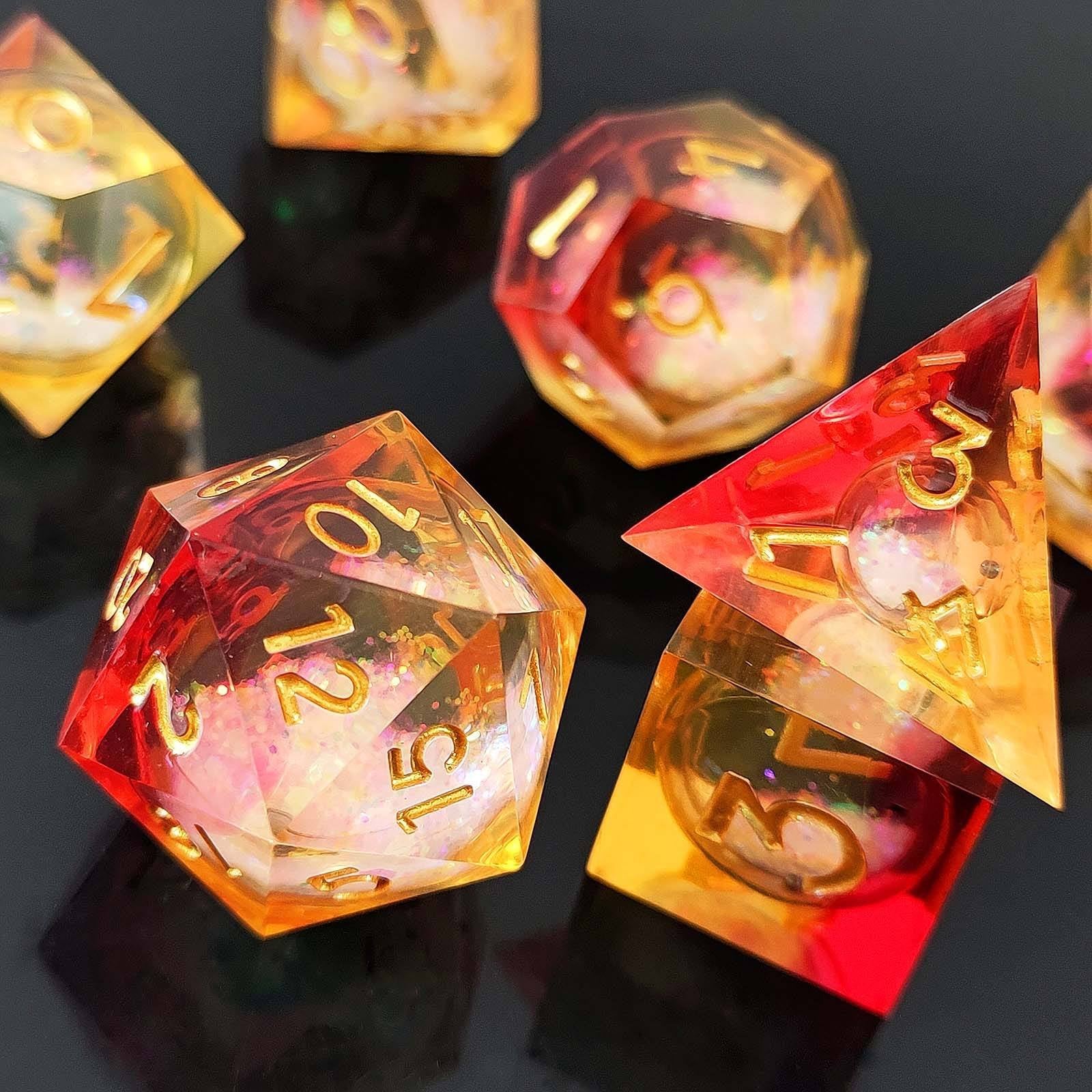 Solar Flare: 7-Piece Red Orange Liquid Core DND Dice Set with Gold Foil