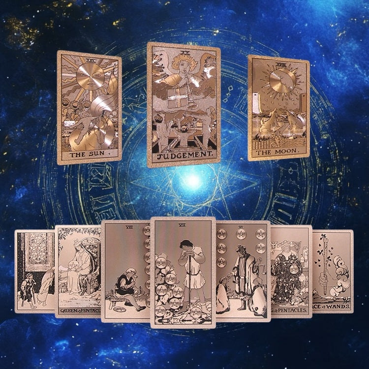 Set of Rose Gold Foil tarot cards on a starry night sky background