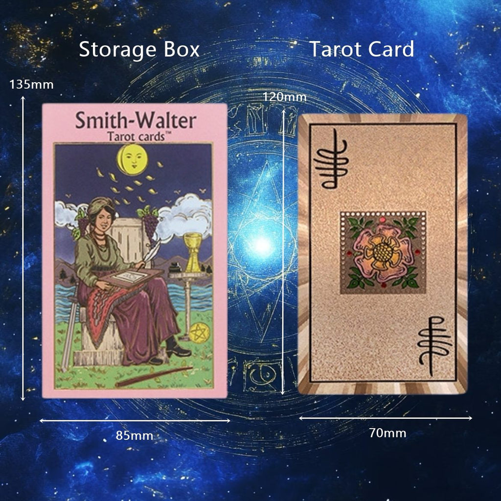 Smith-Walter Rose Gold Foil Tarot cards packaging with dimensions on a starry night background