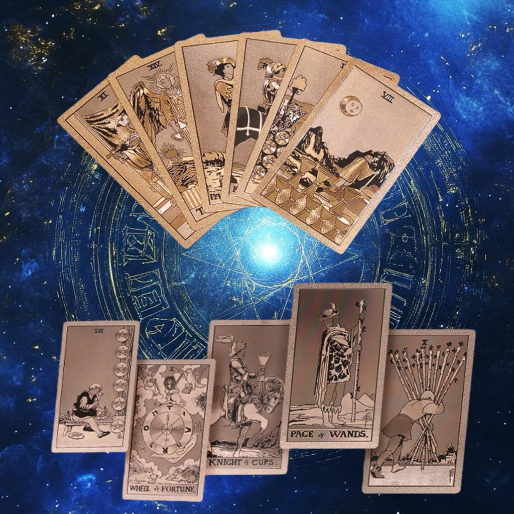 Fanned Rose Gold Foil tarot cards on a starry night sky background