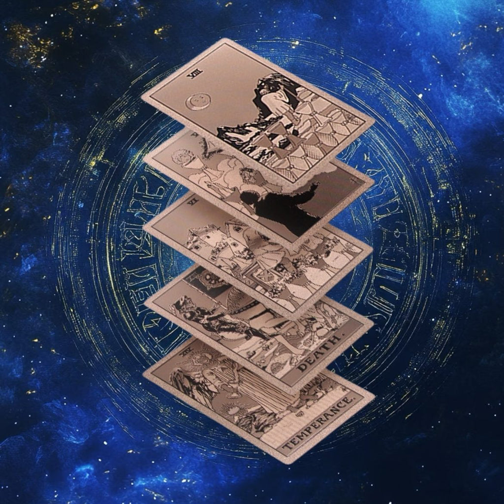 Set of Rose Gold Foil tarot cards on a starry night sky background