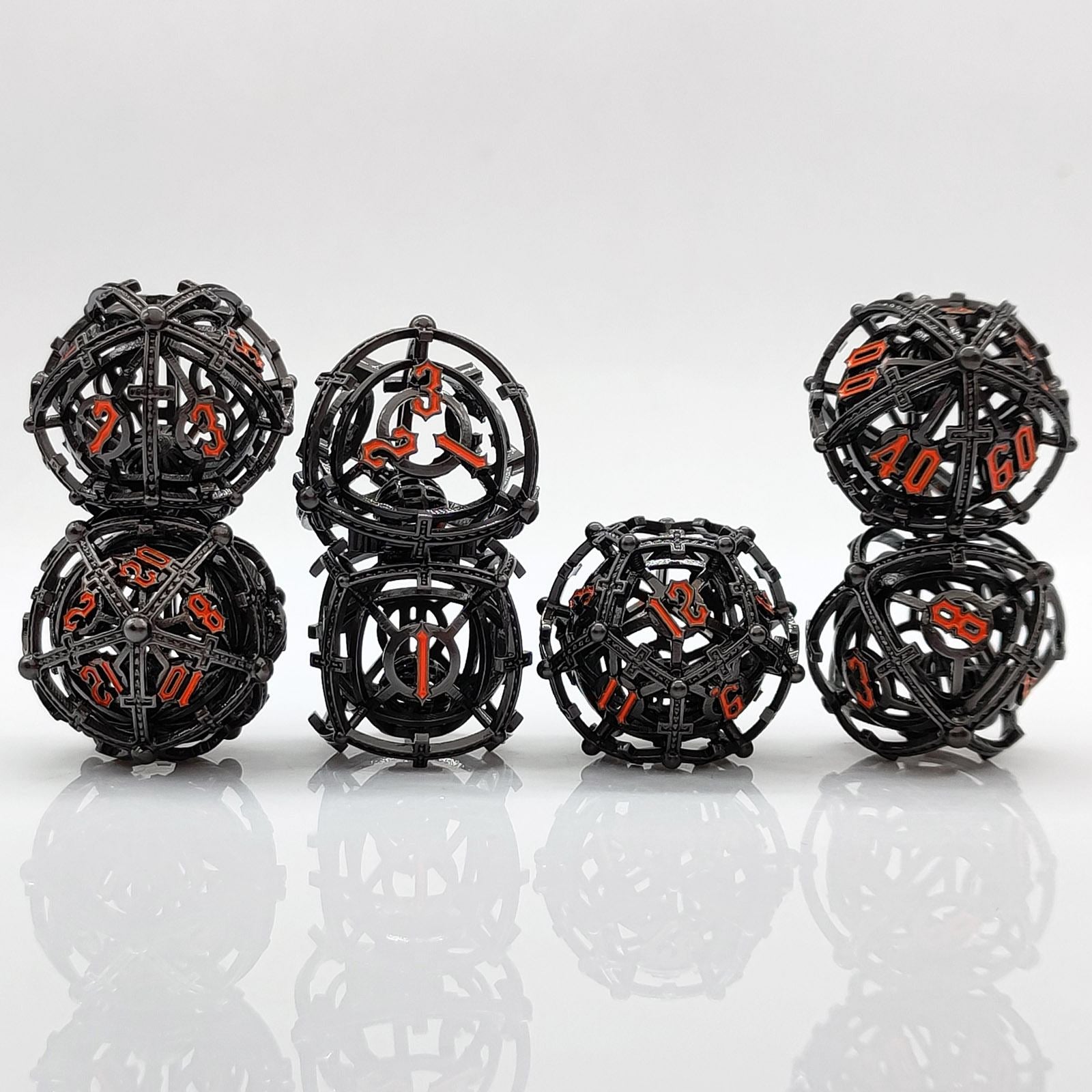 Set of black and red Hollow Metal Orb Chime DND round dice set with numbers on a white background