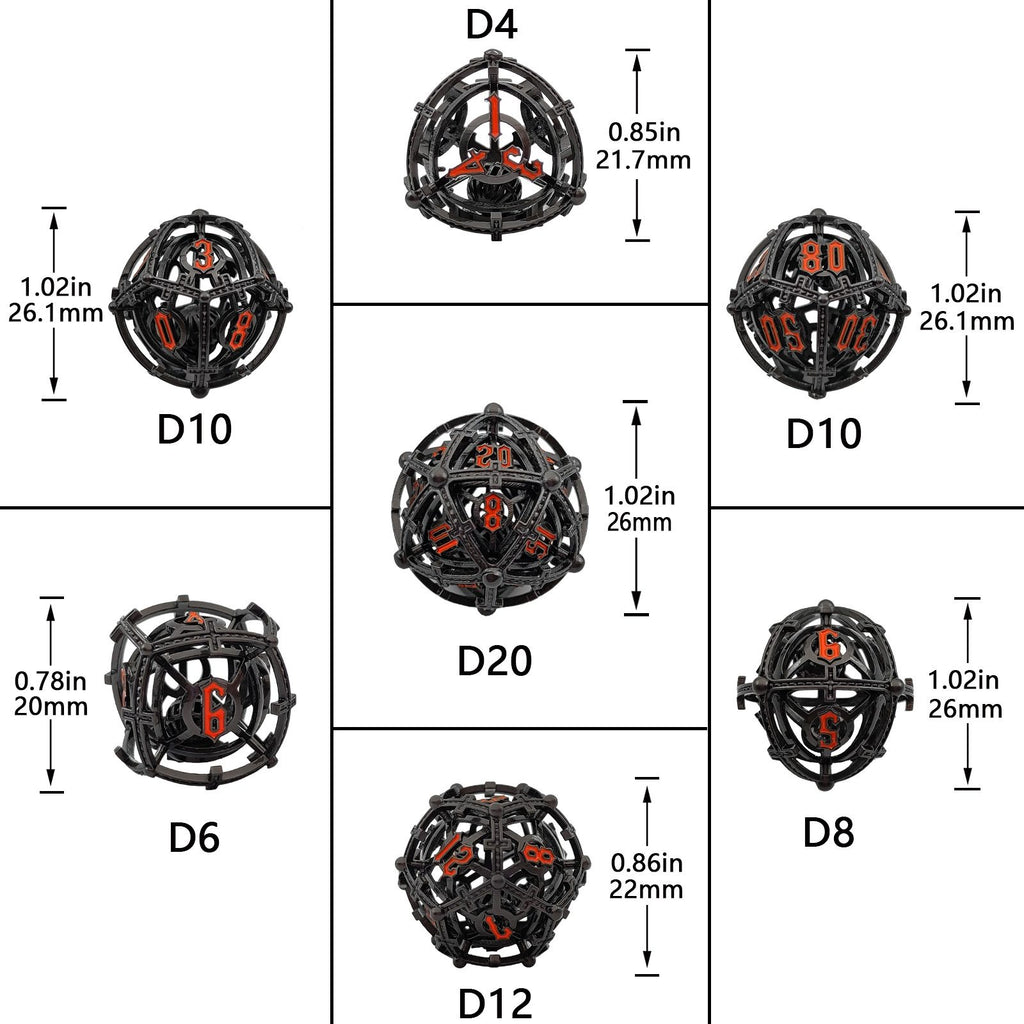 Set of black and red Hollow Metal Orb Chime DND dice set with measurements on a white background