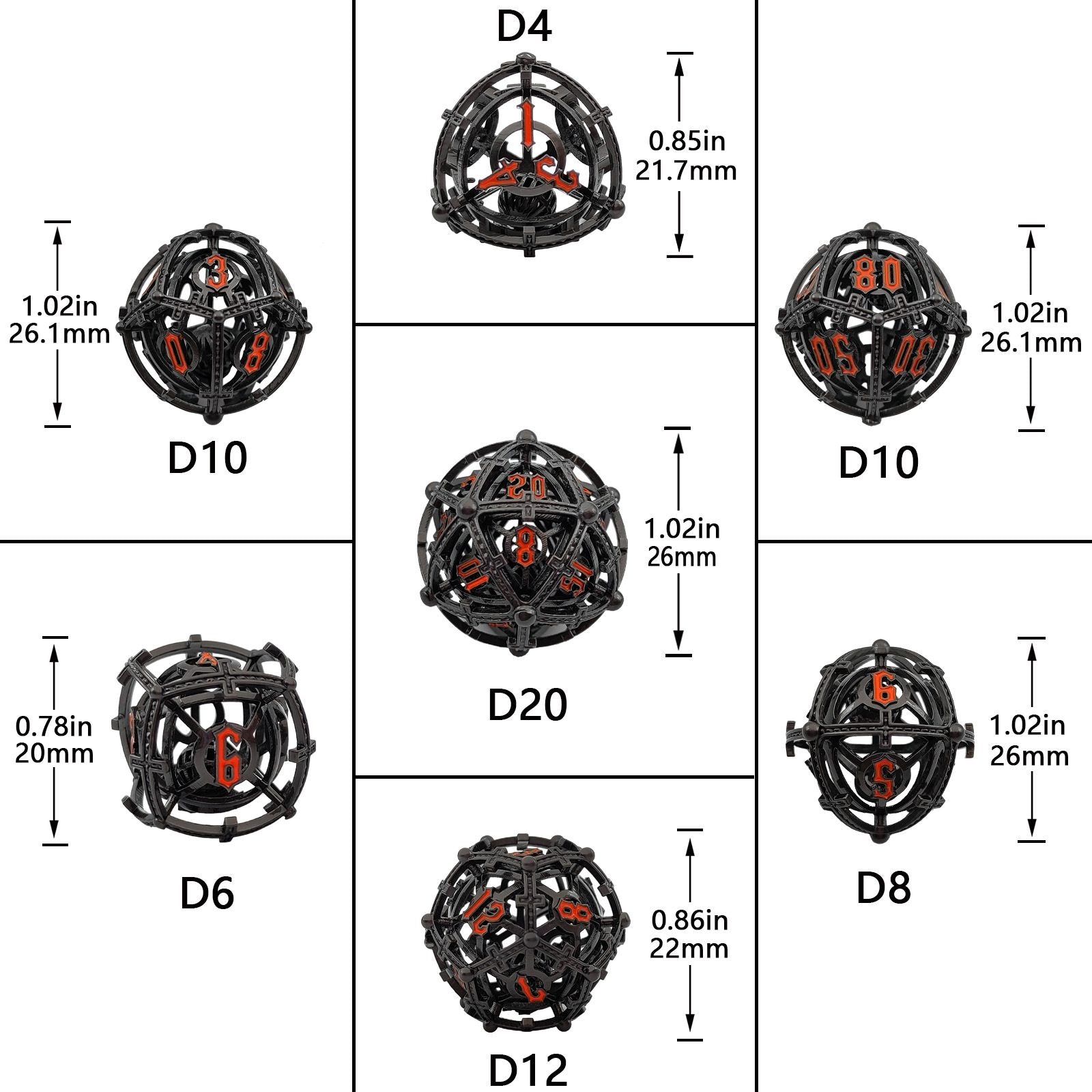 Set of black and red Hollow Metal Orb Chime DND dice set with measurements on a white background