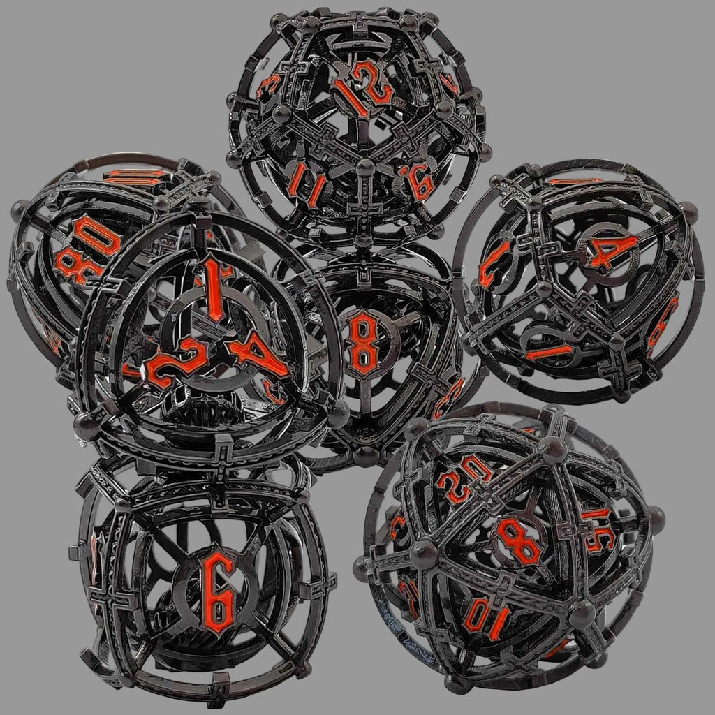 Set of black and orange Hollow Metal Orb Chime DND dice on a white background