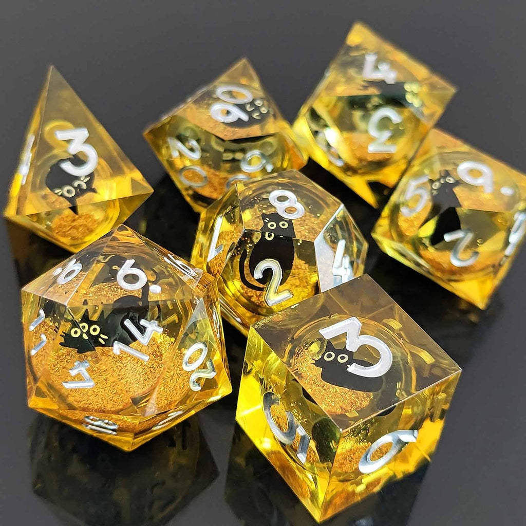 Feline Familiars: Sharp Edge Cat Liquid Core DND Dice Set | Shimmering Sand Resin