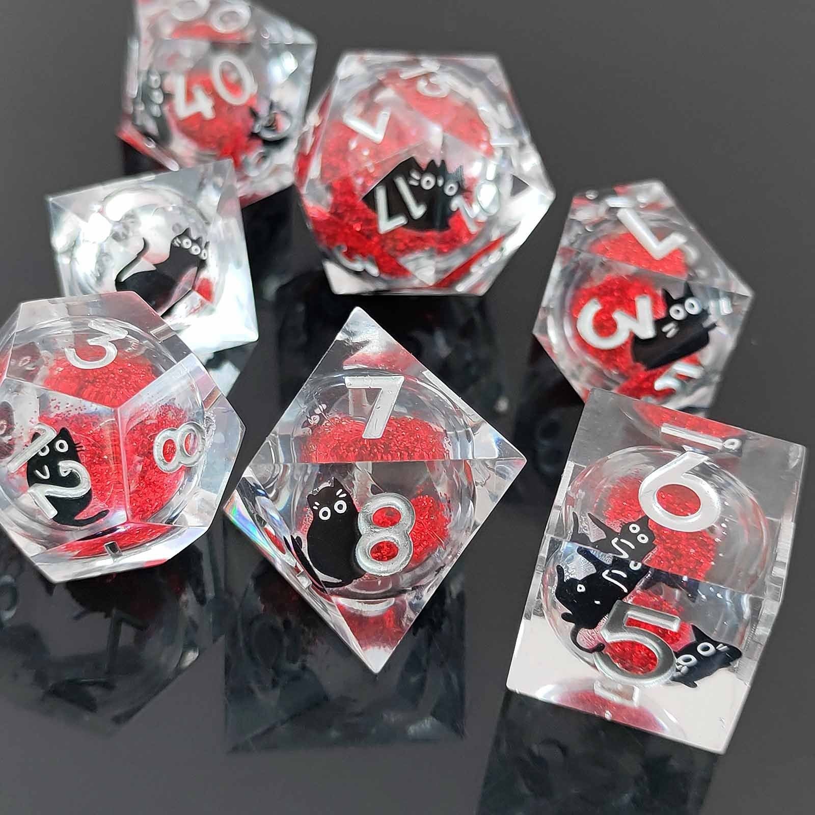 Feline Familiars: Sharp Edge Cat Liquid Core DND Dice Set | Shimmering Sand Resin