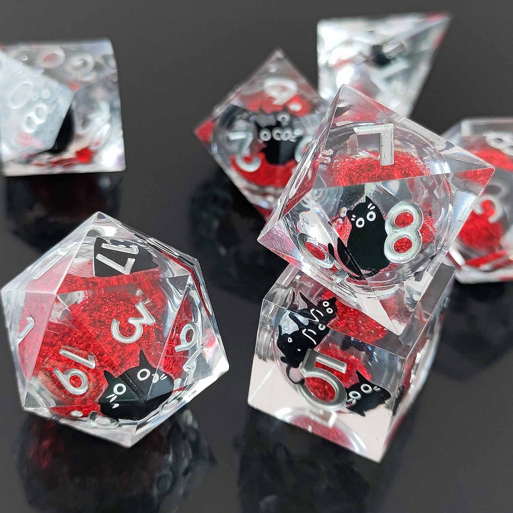 Feline Familiars: Sharp Edge Cat Liquid Core DND Dice Set | Shimmering Sand Resin