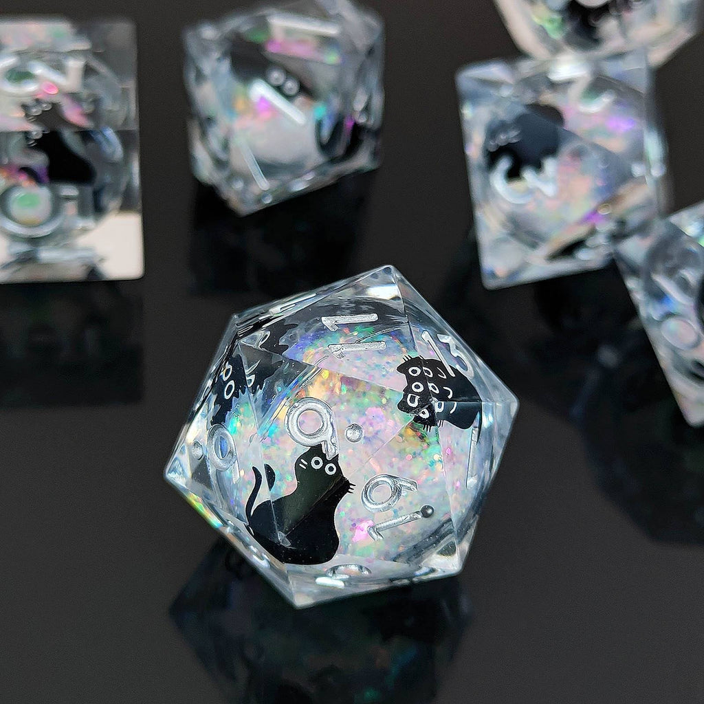 Feline Familiars: Sharp Edge Cat Liquid Core DND Dice Set | Shimmering Sand Resin
