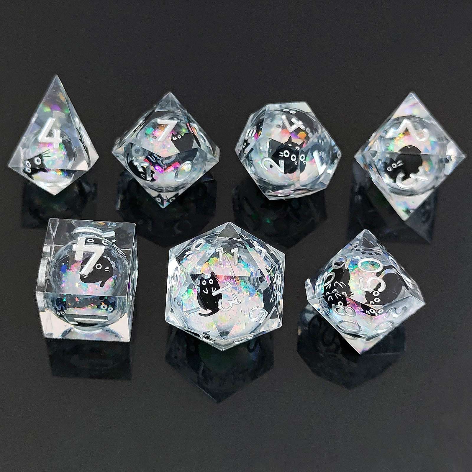 Feline Familiars: Sharp Edge Cat Liquid Core DND Dice Set | Shimmering Sand Resin