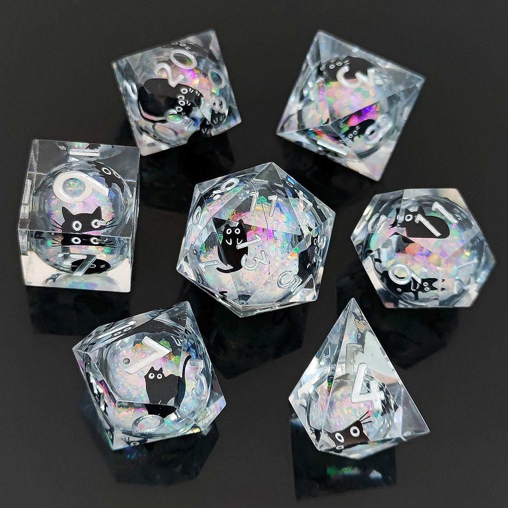 Feline Familiars: Sharp Edge Cat Liquid Core DND Dice Set | Shimmering Sand Resin