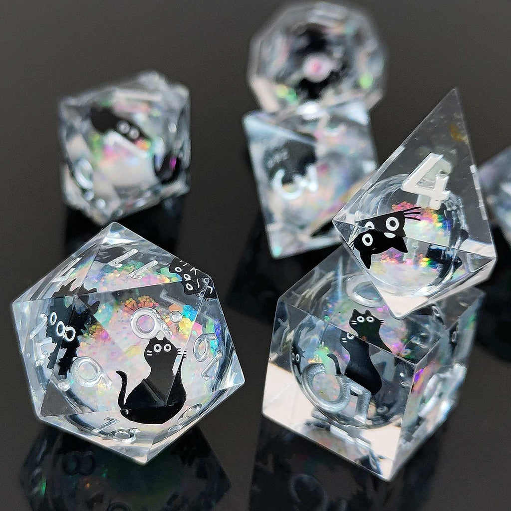 Feline Familiars: Sharp Edge Cat Liquid Core DND Dice Set | Shimmering Sand Resin