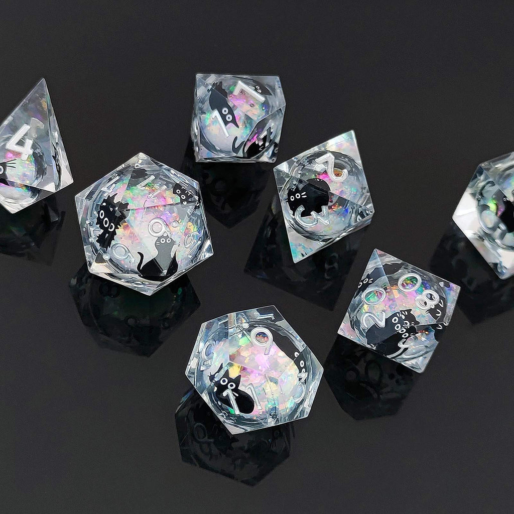 Feline Familiars: Sharp Edge Cat Liquid Core DND Dice Set | Shimmering Sand Resin