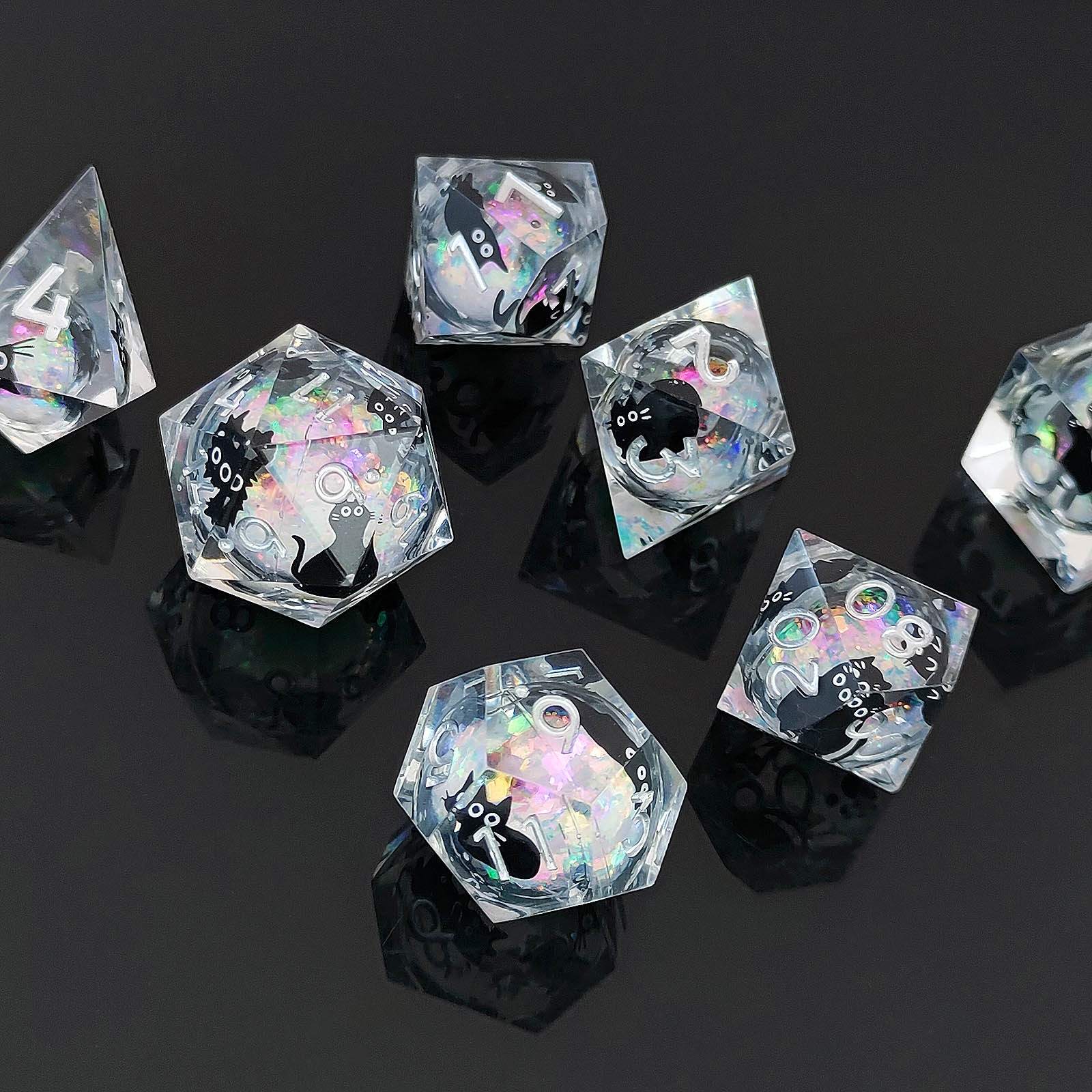 Feline Familiars: Sharp Edge Cat Liquid Core DND Dice Set | Shimmering Sand Resin