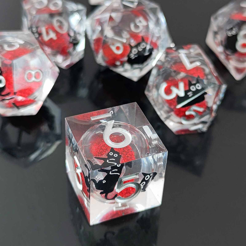 Feline Familiars: Sharp Edge Cat Liquid Core DND Dice Set | Shimmering Sand Resin