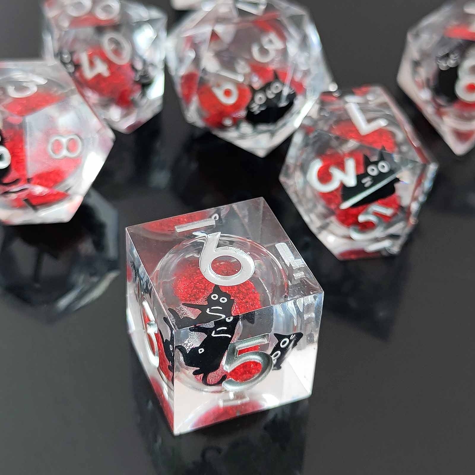 Feline Familiars: Sharp Edge Cat Liquid Core DND Dice Set | Shimmering Sand Resin