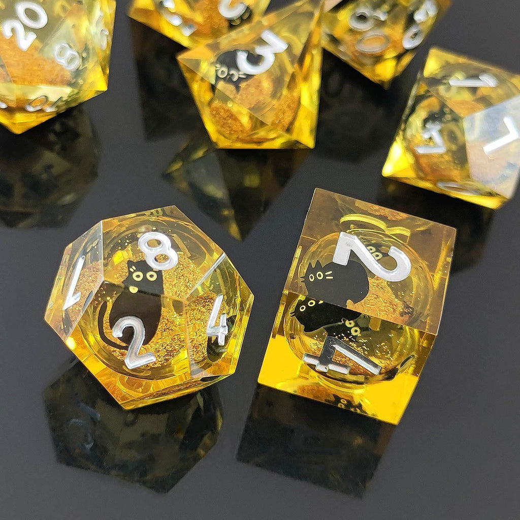 Feline Familiars: Sharp Edge Cat Liquid Core DND Dice Set | Shimmering Sand Resin