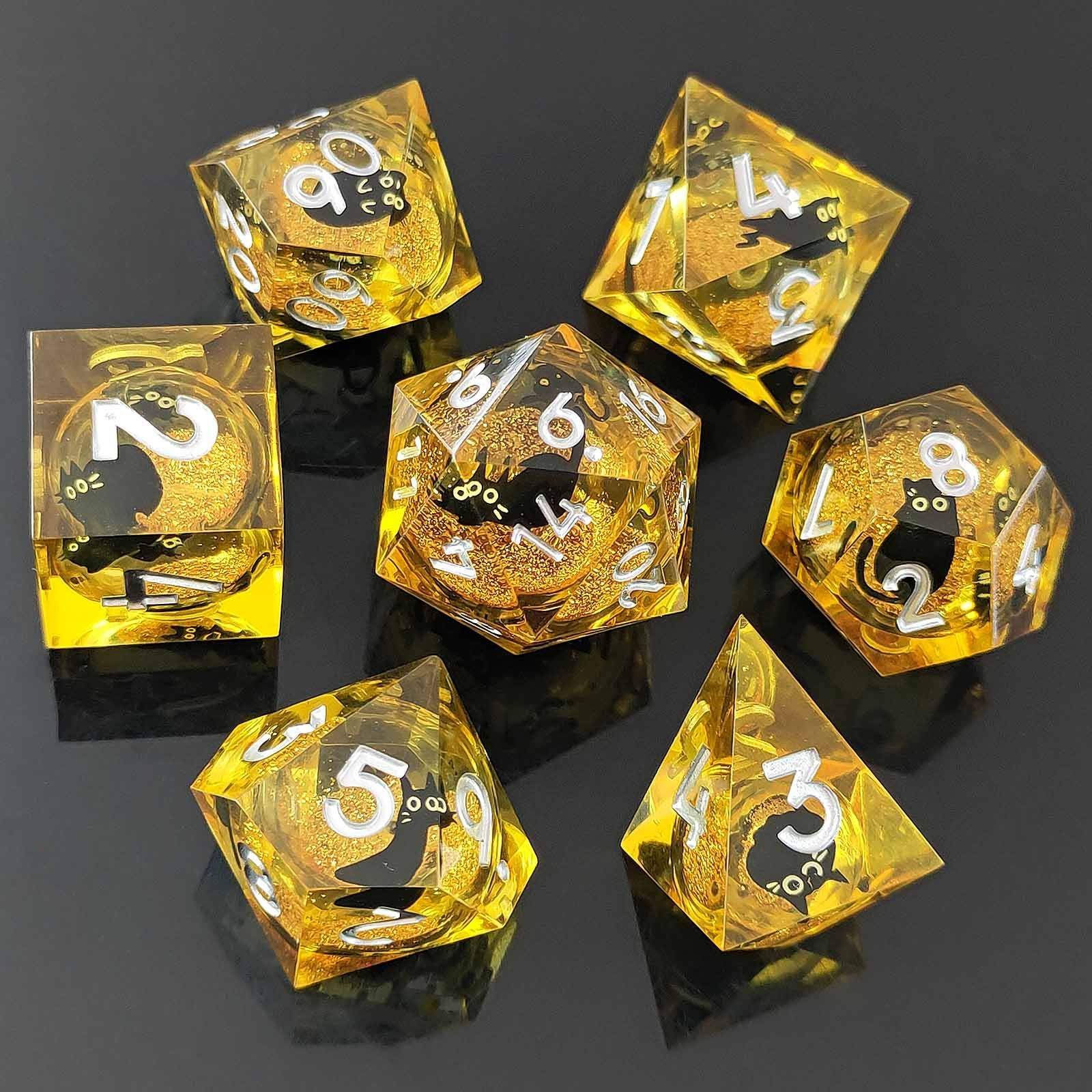 Feline Familiars: Sharp Edge Cat Liquid Core DND Dice Set | Shimmering Sand Resin