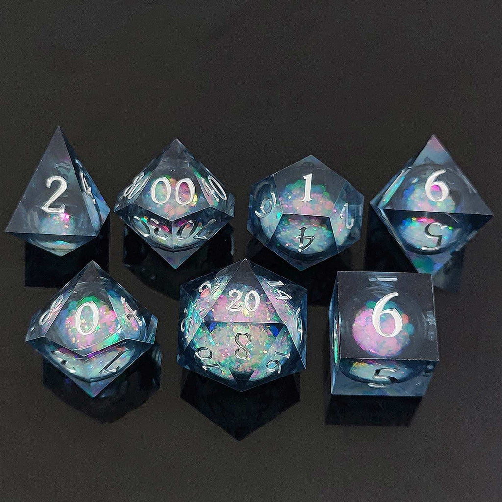 Celestial Flow: Liquid Sand Core DND Dice Set | Sharp Edge Resin RPG Dice