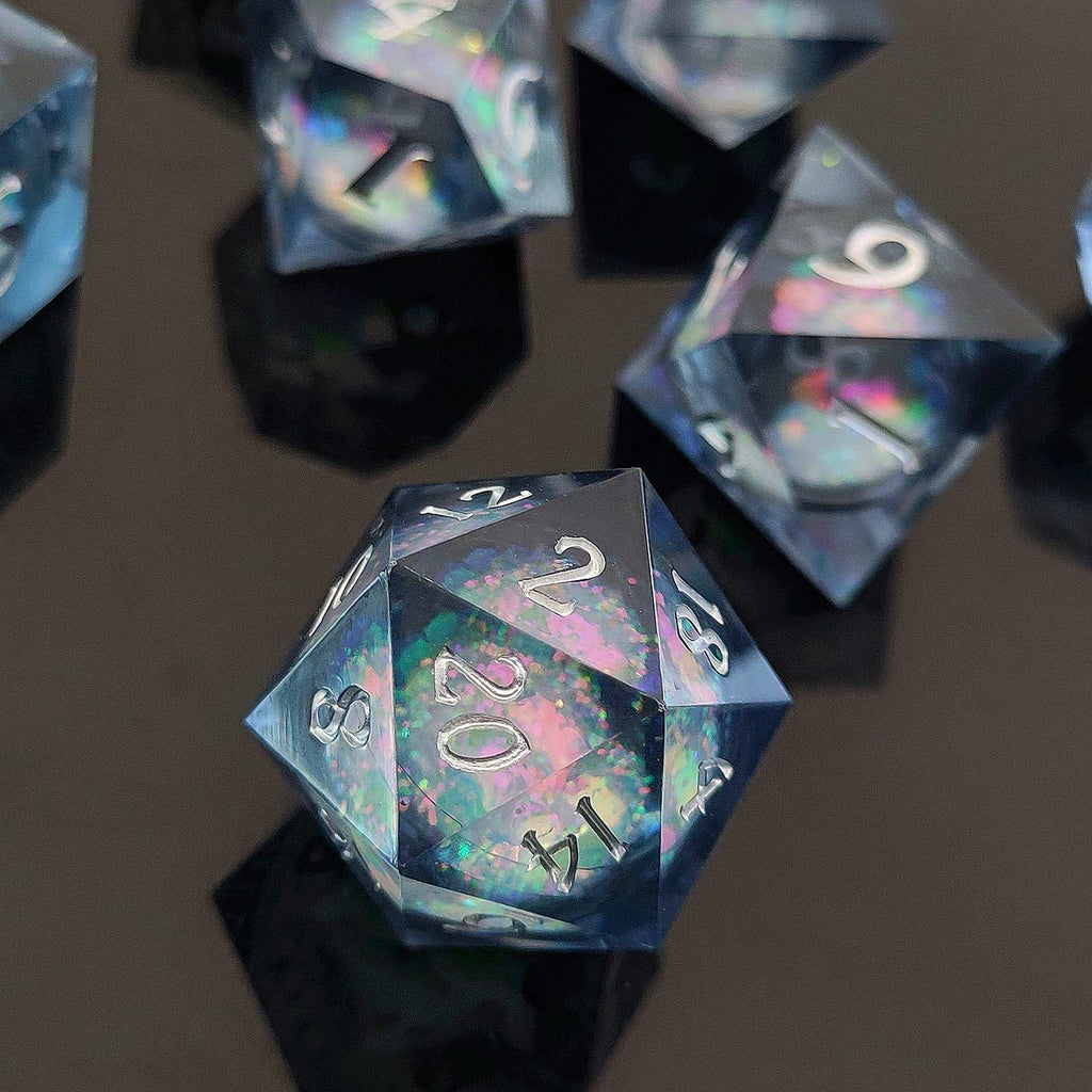 Celestial Flow: Liquid Sand Core DND Dice Set | Sharp Edge Resin RPG Dice