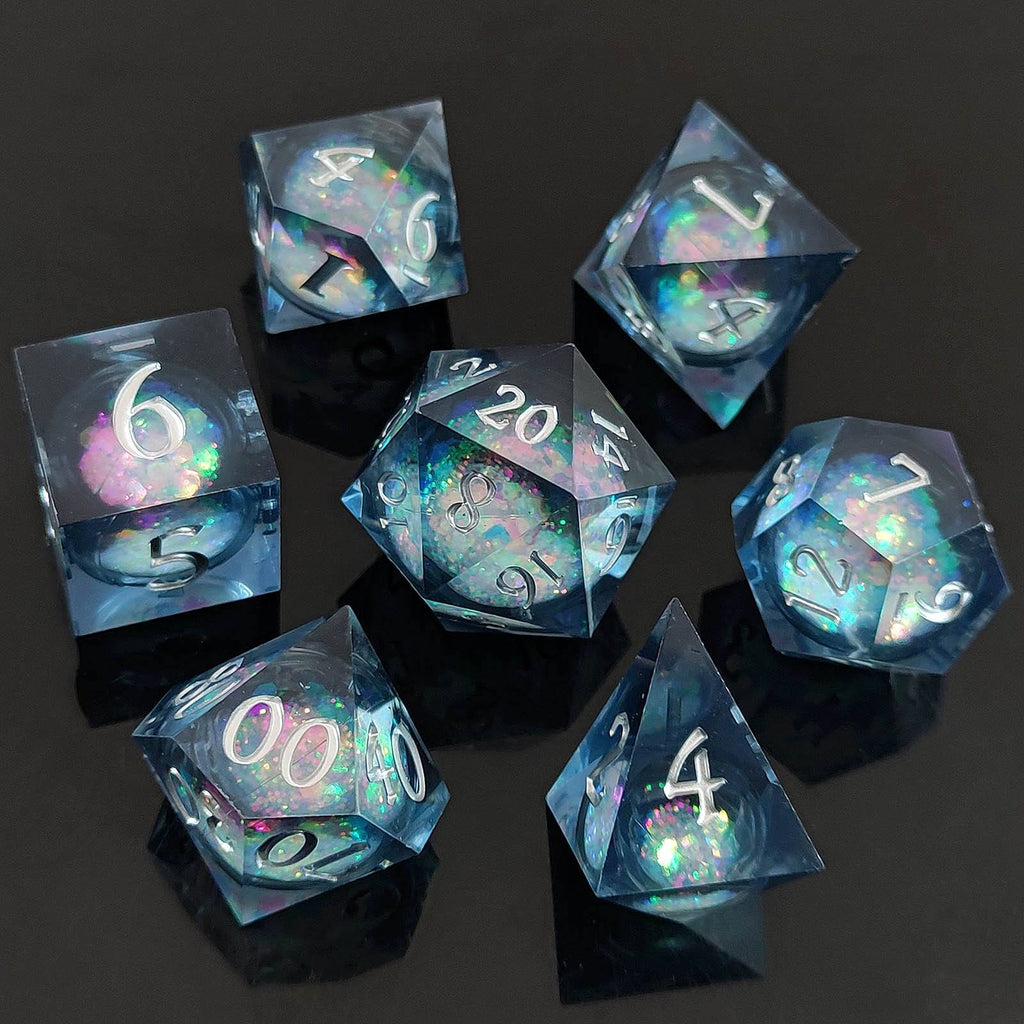 Celestial Flow: Liquid Sand Core DND Dice Set | Sharp Edge Resin RPG Dice