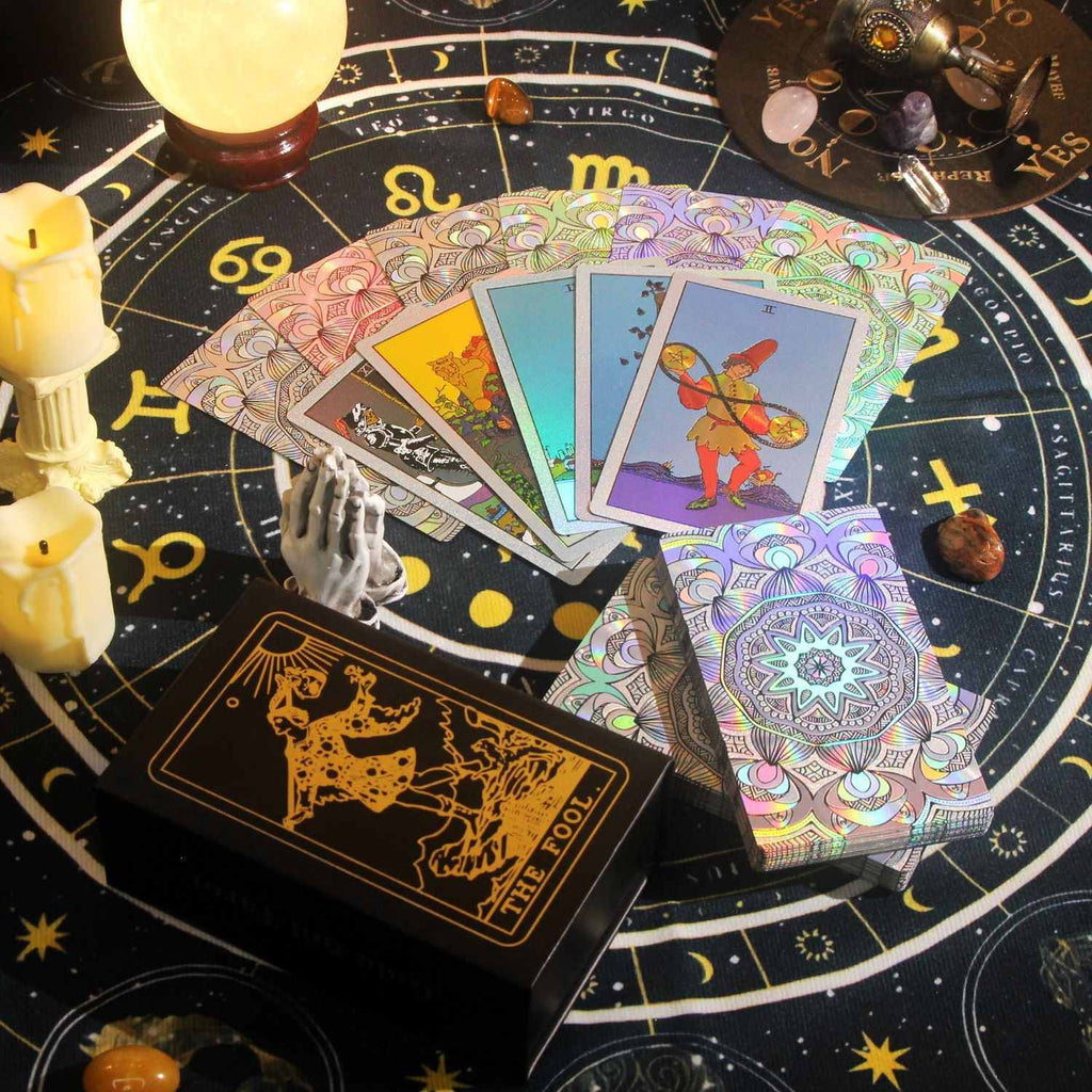 Premium silver Glitter Tarot cards on a astrological table with candles and crystals
