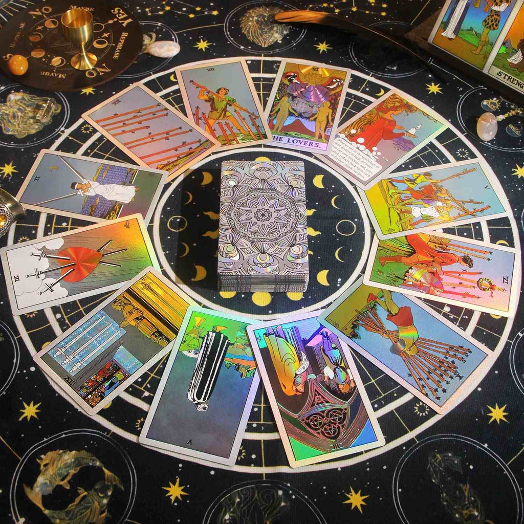 Premium silver Glitter Tarot cards arranged in a circular pattern on a starry night background
