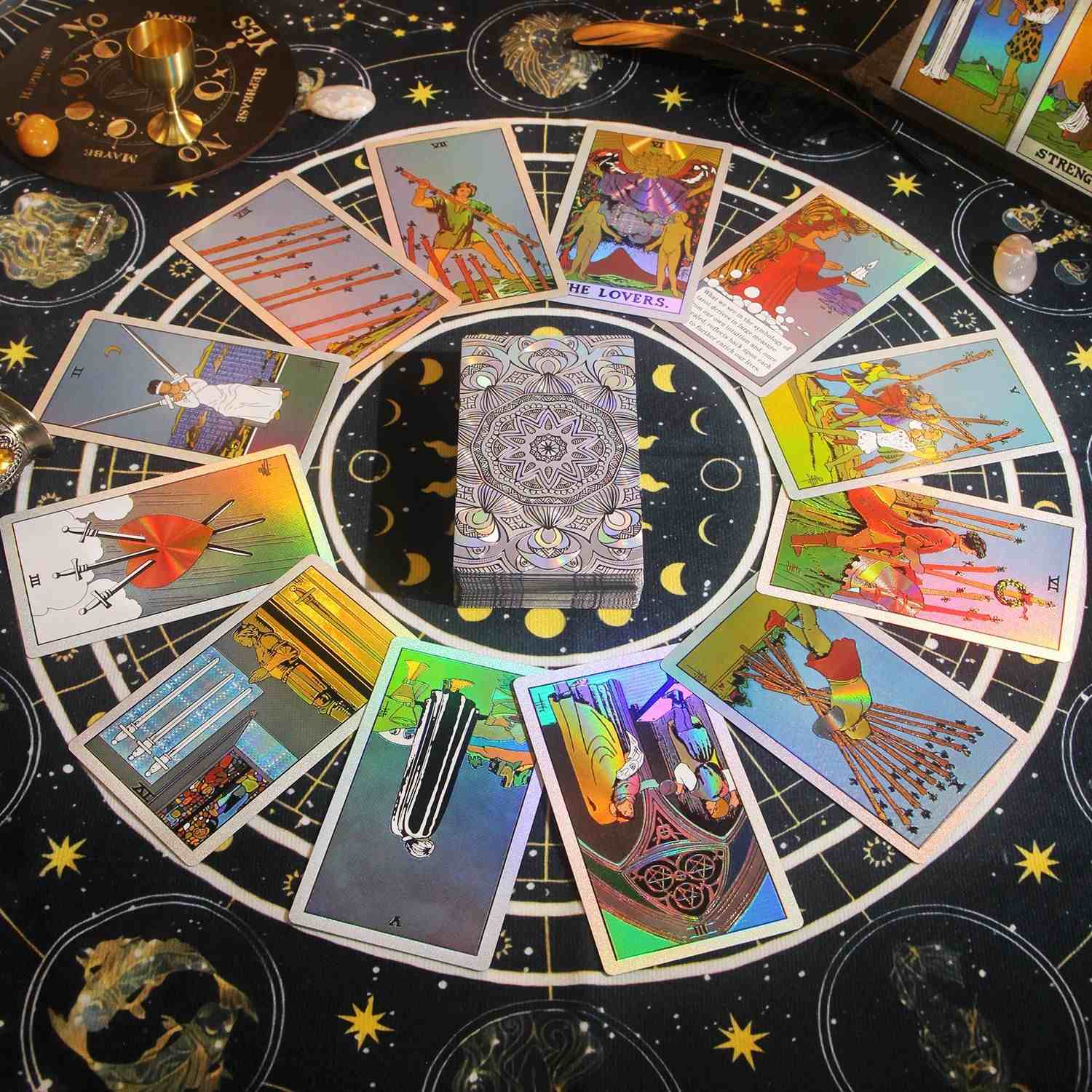 Premium silver Glitter Tarot cards arranged in a circular pattern on a starry night background