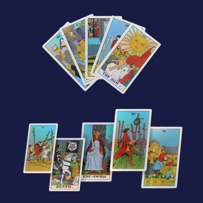 Collection of Premium silver Glitter Tarot cards tarot cards displayed against a dark blue background