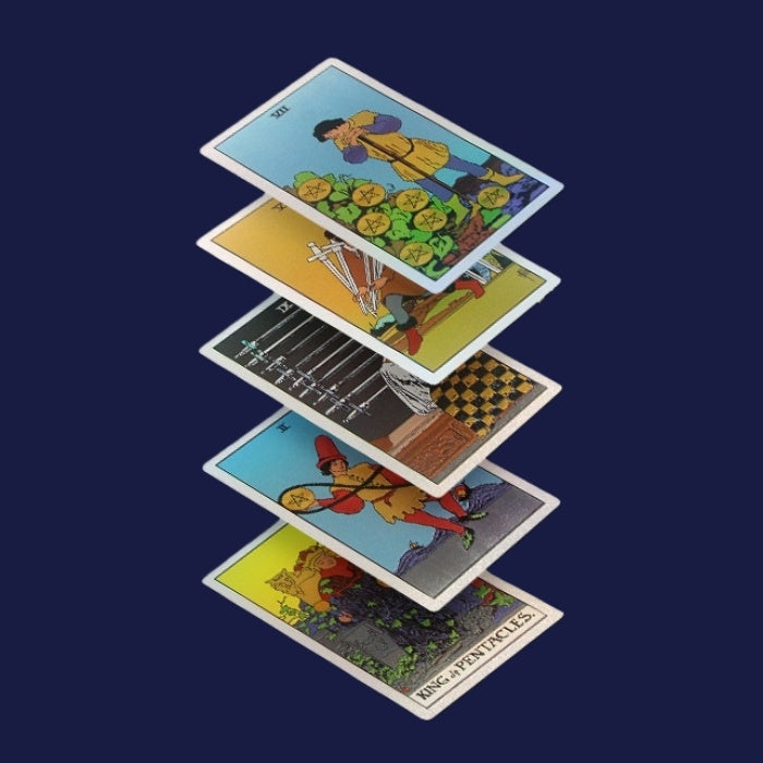 Stack of Premium silver Glitter Tarot cards on a dark blue background