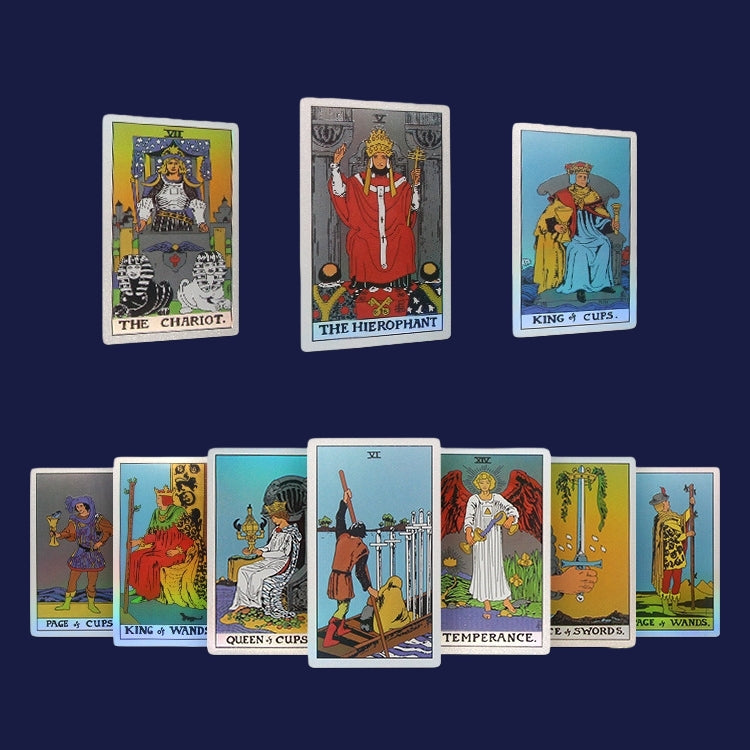 Collection of Premium silver Glitter Tarot cards displayed against a dark blue background