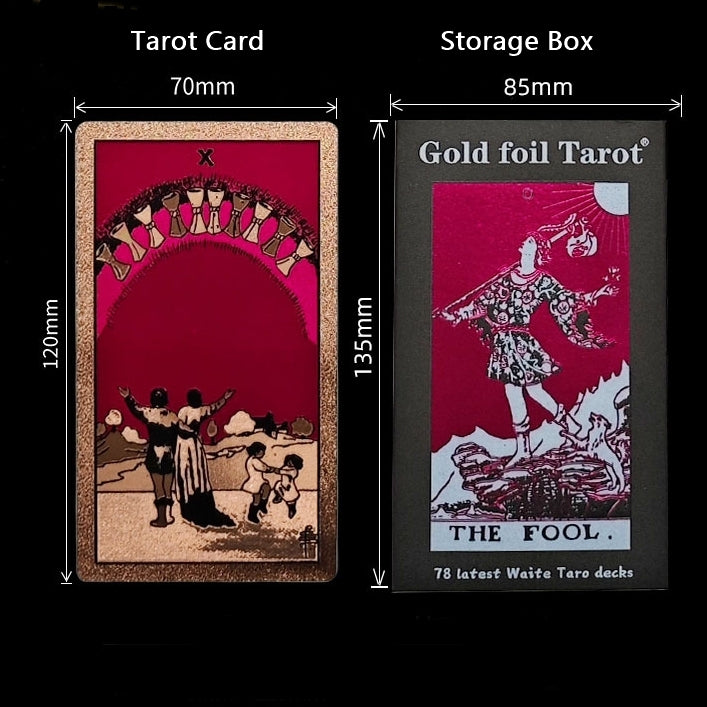 Dimensions of a Gold Foil tarot card and storage box with gold foil text.
