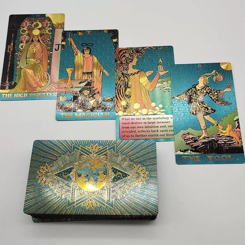 Collection of Teal Foil tarot cards with colorful illustrations on a light gray background