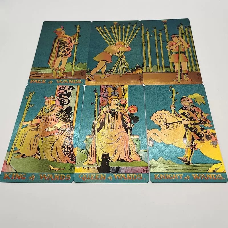 Set of Teal Foil tarot cards featuring various figures with 'Wands' text on a white background