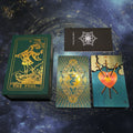 Collection of Teal Foil tarot cards with decorative designs on a starry night sky background