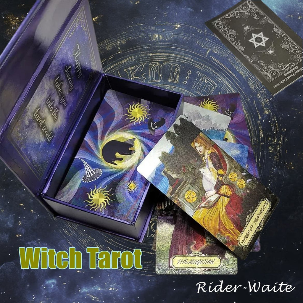 Witch foil Tarot cards with a purple box on a starry night background