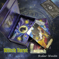 Witch foil Tarot cards with a purple box on a starry night background