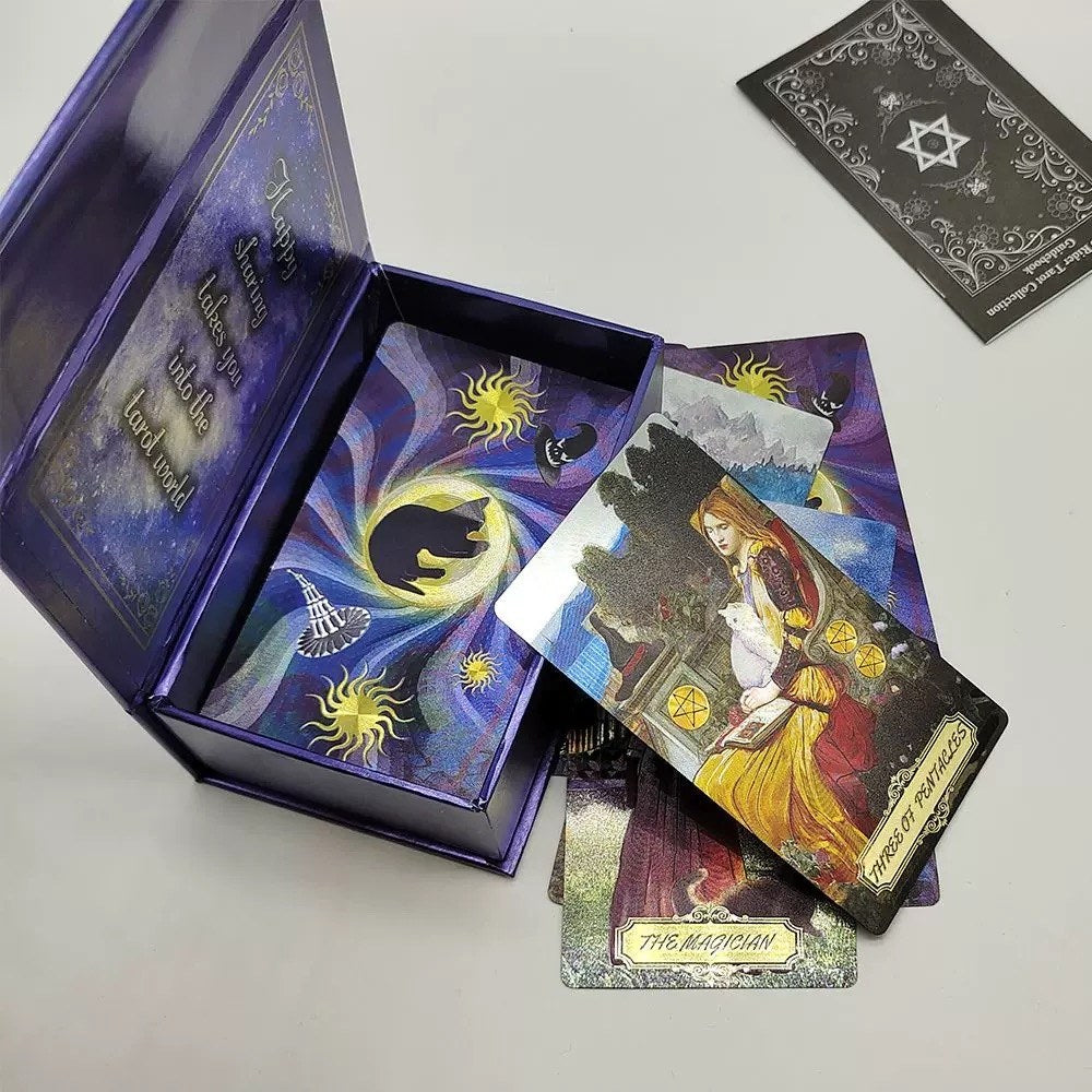 witch gold foil Tarot cards with a purple box on a light gray background