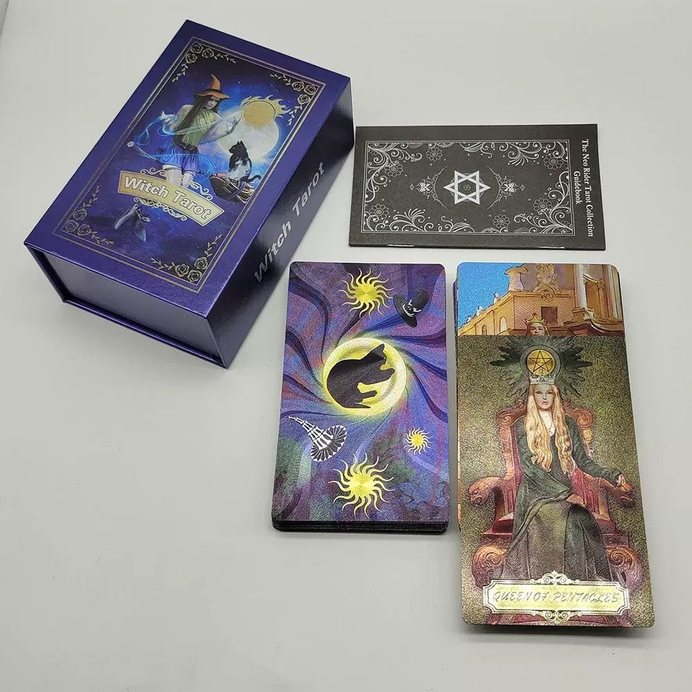 witch gold foil Tarot cards with a purple box on a gray background